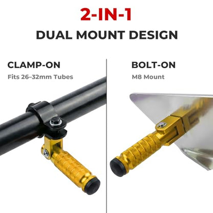 2-in-1 Clamp-On & Bolt-On Foldable Foot Pegs, Motorcycle Foot Pegs with Removable Pipe Clamps, M8 Mount or 26–32mm Tube Fit, for E-Bike, Mini Bike & Custom Builds （1 Pair, Anodized Gold) - color: Anodized Gold