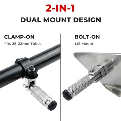 2-in-1 Clamp-On & Bolt-On Foldable Foot Pegs, Motorcycle Foot Pegs with Removable Pipe Clamps, M8 Mount or 26–32mm Tube Fit, for E-Bike, Mini Bike & Custom Builds （1 Pair, Raw Silver) - color: Raw Silver