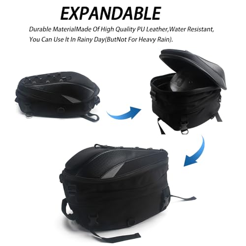 ACZ Expandable Motorcycle Tail Bag Hard Shell - Waterproof, Convertible Backpack with Reflective Safety Strips, Black