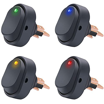Twidec/4Pcs LED Lighted Rocker Switch Toggle 12V 30A SPST 3 Pin On-Off 4 Colour Round Dot Switch for Car Boat Marine ASW-20D-4C - color: Multicoloured LED-Oval Shaped