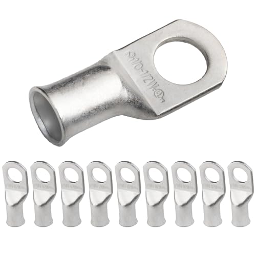 SELTERM 10pcs 1/0 AWG-1/2" Stud (Wide Pad) Tinned Copper Wire Lugs, Heavy Duty Battery Cable Ends,0 Gauge Ring Terminals, UL Battery Lugs Marine Grade Copper Eyelets Battery Terminal Connectors - color: Tinned Copper Lugs, size: 1/0 Awg - 1/2" (M12) Ring