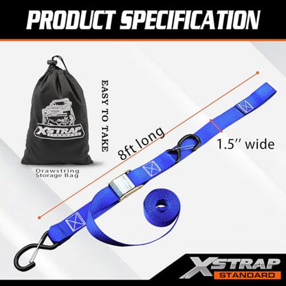 XSTRAP STANDARD Motorcycle Tie Down Straps- (2 Pack) 3,000lb Break Strength, 1.5 IN X 8FT Heavy-Duty Cambuckle Tie Down Set with S Hook and Soft Loops, Handlebar Strap for Dirt Bike, Kayak, Boat, Blue - color: Blue