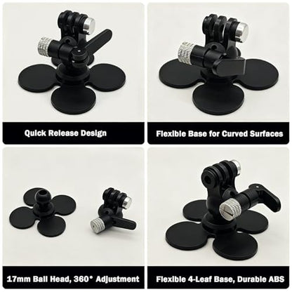 Niewalda Helmet Mount for Insta360 with 17mm Ball Adapter, 4-Leaf Flexible Adhesive Mount for Motorcycle Helmet Camera Mount, 360° Rotating Sticky Mounts for GoPro, Vlogging & Cycling
