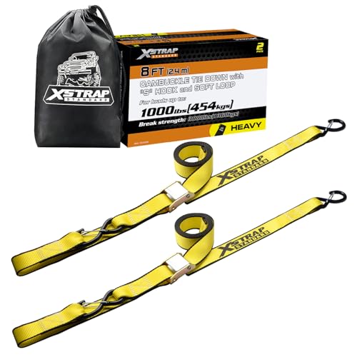 XSTRAP STANDARD Motorcycle Tie Down Straps (2 Pack) 3,000lb Break Strength, 1.5 in X 8FT Heavy-Duty Cambuckle Tie Down Set with S Hook and Soft Loops, Yellow - color: Yellow