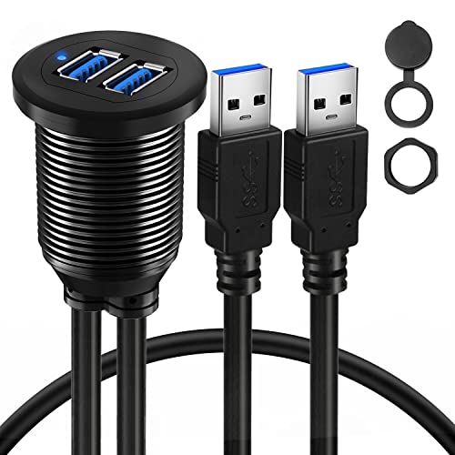 Alloy Dual Port USB 3.0 Car Dashboard Flush Mount Cable, Male to Female with LED Indicator Extension Cable for Car Truck Boat Motorcycle Dashboard Panel - 3ft - style: Dual Port 3ft
