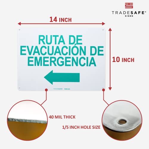 TRADESAFE Emergency Evacuation Route Arrow Left Sign – Ruta De Evacuación De Emergencia Spanish Sign, Quick Install, Light Reflective, UV-Resistant, Waterproof, 14” X 10” Aluminum Safety Signs - style: Ruta De Evacuación De Emergencia Arrow Left