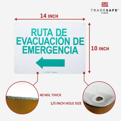 TRADESAFE Emergency Evacuation Route Arrow Left Sign – Ruta De Evacuación De Emergencia Spanish Sign, Quick Install, Light Reflective, UV-Resistant, Waterproof, 14” X 10” Aluminum Safety Signs - style: Ruta De Evacuación De Emergencia Arrow Left