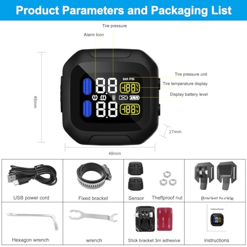 OBEST Upgrade Motorcycle TPMS Tire Pressure Monitor System with 2 External Sensors, USB Rechargeable IP67 Waterproof Motorcycle TPMS, LCD Display Motorbike Tyre Temperature Alarm