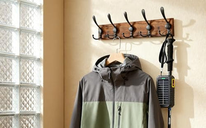 Coat Rack Wall Mounted, Pre-Assembled 16" Coat Hooks with 5 Hooks, Heavy Duty Rustic Farmhouse Wood Plank Hooks for Hanging Hat, Clothes, Keys, Jacket, Purse - Door, Entryway, Mudroom - size: Pine wood - double hook
