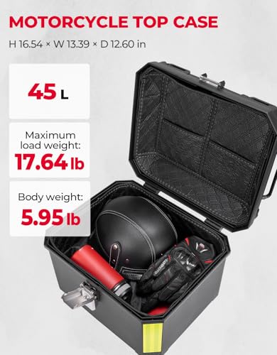 KEMIMOTO Motorcycle Top Case, Universal PP Plastic Trunk, Motorbike Tail Box for All Motorbike, 45L Waterproof Detachable Motorcycle Tail Bag with Lock & Back Cushion, Black - size: 45L