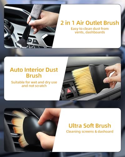 Car Detailing Brush Set, Ultra Soft Boars Hair Car Interior Detailing Brushes, Car Interior Detailing Kit, Car Cleaning Gel Supplies Kit, Car Dust Brush, Car Accessories for Truck, SUV, Interior-3pcs
