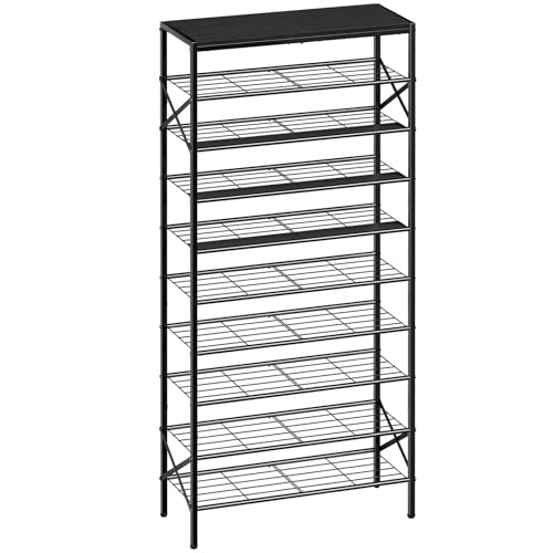 10-Tier Tall Shoe Rack Organizer Shoe Storage for Entryway 30-40 Pairs Metal Shoe Rack for Closet Heavy-Duty Shoe Rack with Wooden Top Shelf for Garage Black - color: Black, size: 10-tier