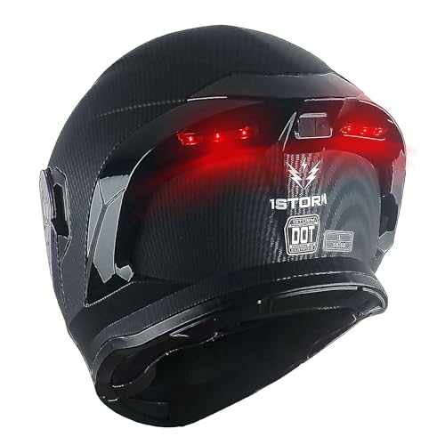 1Storm New Motorcycle Bike Modular Full Face Helmet Dual Visor Sun Shield with Rechargeable LED Tail Light: LED-X90 Carbon Fiber Black - color: Matt Fiber Black LED Light, size: Large