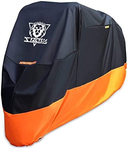 XYZCTEM Motorcycle Cover – All Season Waterproof Outdoor Protection – Fit up to 116 inch Tour Bikes, Choppers and Cruisers – Protect Against Dust, Debris, Rain and Weather(XXXL,Black& Orange) - size: 116"