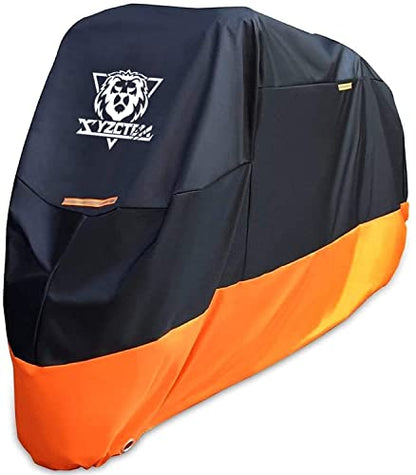 XYZCTEM Motorcycle Cover – All Season Waterproof Outdoor Protection – Fit up to 116 inch Tour Bikes, Choppers and Cruisers – Protect Against Dust, Debris, Rain and Weather(XXXL,Black& Orange) - size: 116"