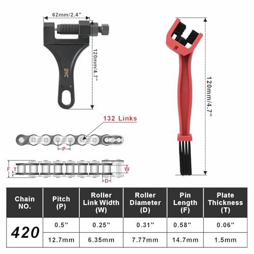 DYC 420 Chain 132 Links Cut-to-Fit w/Master Link + Chain Breaker Tool & Chain Brush for Mini Bike, Pit Bike, Dirt Bike, ATV & Go Kart (Coleman, Baja, SSR, TaoTao, Coolster, Apollo, Kazuma) - size: 420-132L