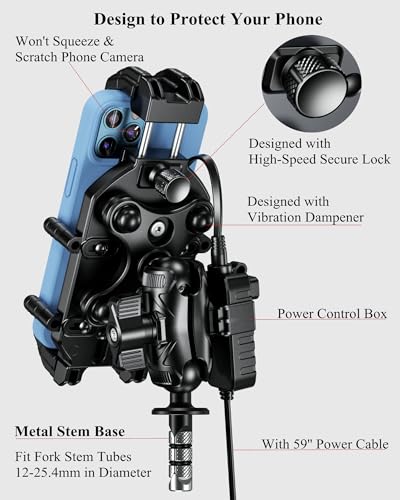 BRCOVAN Motorcycle Fork Stem Phone Mount with Wireless & USB-C Charger | Qi 15W & PD 36W, Anti-Theft Motorcycle Phone Holder with Vibration Dampener for 5.4''-7.2'' Cellphones
