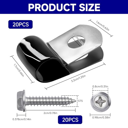 Brake Line Clips 20PCS, 8mm Rubber Coated with 20 Screws (19mm) for 3/16 Inch Tube Hose, Durable Cable Clamps for Automotive Use, Insulated Metal Brake Line Clamp, Secure Hold, Easy Install