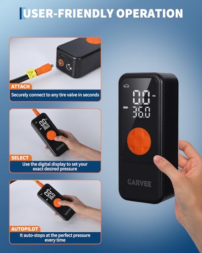 Garvee Portable Tire Inflator Air Compressor, 150PSI Cordless Air Pump, 4X Fast Inflation, Digital Pressure Gauge with Auto Shut-Off, LED Light, Rechargeable Tire Pump for Car, Motorcycle, Bike, Balls