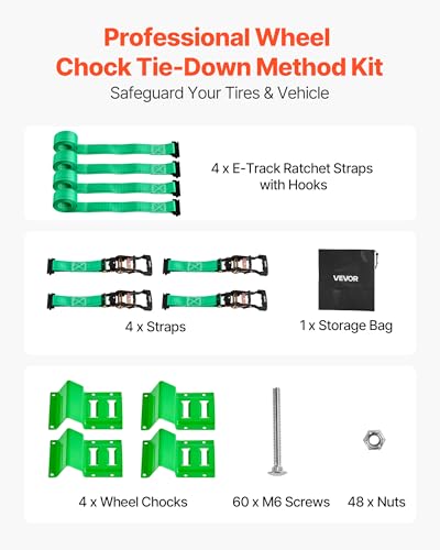 VEVOR Wheel Chock Tie-Down Kit, Chock-Style Trailer Strap, Car Kit with Buckle, Break Strength 4380 lbs & Working Load 1460 lbs Motorcycle Tie-Down System E-Hooks for ATVs, UTVs - style: Chock-Style with 4 sets