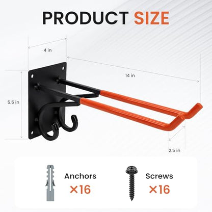 REEWII 14" Large Heavy Duty Garage Hooks, 4 Pack Double-Layer Steel Wall Hook,Non-Slip Coated Gardening Tool Hook for Tool Organization, Shed Storage, Ladder Hook, Car Tire Storage - size: 4 Pack