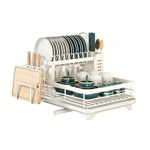2-Tier Dish Drying Rack with 360° Rotating Drainage, Detachable Utensil Holder , Rust-Resistant Carbon Steel Dish Drainer for Kitchen Counter - color: White