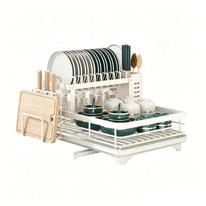 2-Tier Dish Drying Rack with 360° Rotating Drainage, Detachable Utensil Holder , Rust-Resistant Carbon Steel Dish Drainer for Kitchen Counter - color: White