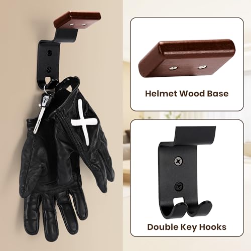 Motorcycle Helmet Holder Wall Mount - Solid Wood & Steel Gear Organizer Rack with 2 Hooks, Heavy Duty Display Hanger for Helmets, Football Gear, Ski Equipment, Hats, Jackets