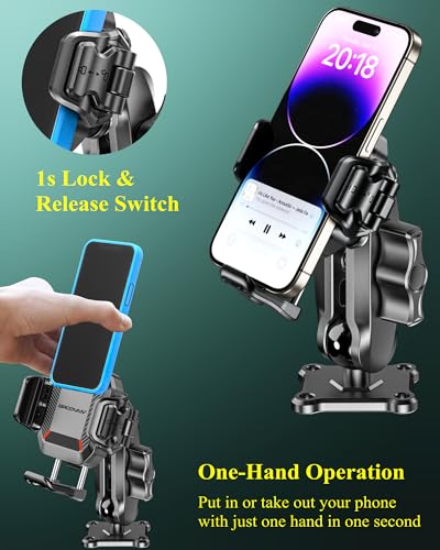 BRCOVAN Anti-Theft Phone Mount Holder with Vibration Dampener, 1s Locking | Don't Block Camera, with Aluminum Medium Arm & Square Base, for Car Boat Truck Motorcycle UTV, Fit 5.4-7.2'' Smartphones