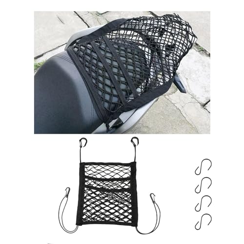 Motorcycle Cargo Net for Helmet Storage, 9.4''×10.6'' High Elastic Triple Layer Bungee Net with 4 Hooks, Car Seat Mesh Storage Pocket, Luggage Strap Rack Expansion Organizer (4 Elastic Edges)