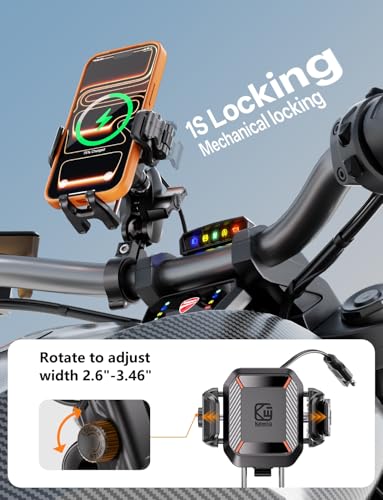 Kewig Motorcycle Phone Mount with Qi 15W Wireless Charger & 36W PD/USB C Fast Charging Port, Anti-Theft Handlebar Cellphone Holder with Vibration Dampener for Bike Scooter ATV, Fit 5.4-7.2" Phone
