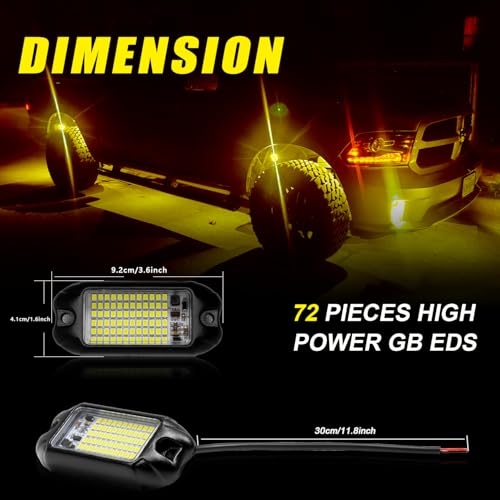 Nicoko 4Pods Pure Yellow 72 LEDs SMD Chips 72w High Power Rock Lights Super Bright Yellow Offroad Car Boat Underglow Lights IP68 Waterproof for Truck SUV UTV ATV RZR - size: Pure yellow rock lights - 4 pack
