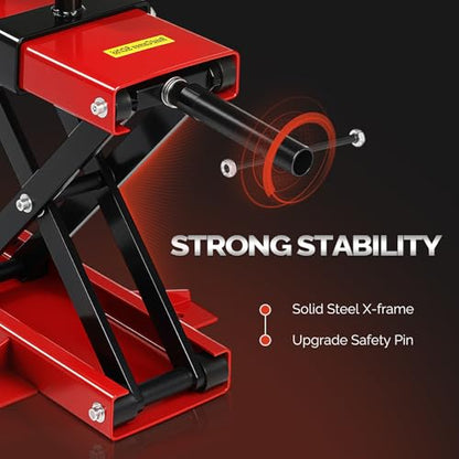 TUFFIOM 1100LBS Motorcycle Scissor Lift Jack, Height Adjustable with Safety Pin & Support Saddles, Foldable Motorcycle Center Stand for Dirt Bike ATV, Red - size: w/Support Saddles