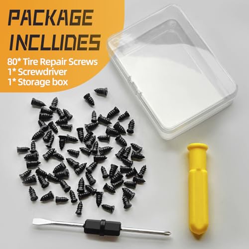 80pcs Tire Plugs Kit, Tire Repair Rubber Nails, Self-Service Vacuum Tyre Screws (40S+40L) Fast Repair Quick Puncture Tools with a Box, Double-ended Screwdriver, for Car Motorcycle Truck Tractor ATV