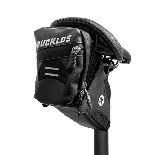 BUCKLOS Bike Saddle Bag, 0.8L Water Resistant Under Seat Bag, 3D Shell 600D Polyester Cycling Wedge Pack with Reflective Strips & Taillight Hanger for Mountain & Road Bikes, Black