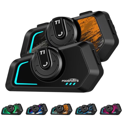 Fodsports T1 Motorcycle Bluetooth Intercom V5.4 with Music Share, One-Click Switching for 3 Functional Modes, 2-Way Helmet Communication Systems, FM/5 Stickers/Noise Cancellation/Stereo Music, 2 Pack - size: T1 2 Pack
