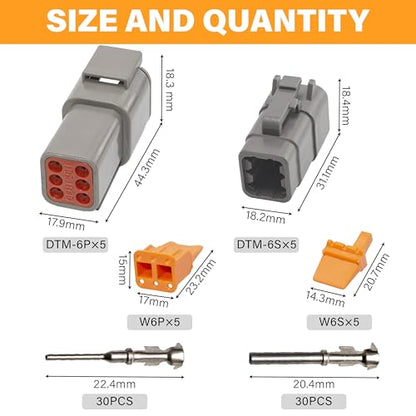 Deutsch DTM Grey 6 Pin Connectors 5 Sets, Waterproof Electrical Wire Connector with Stamped Contacts and Seal Plug for Truck, Off-Road Vehicles, Construction, Agriculture, Marine, Motorcycle Wiring - size: 6Pin-5 Set