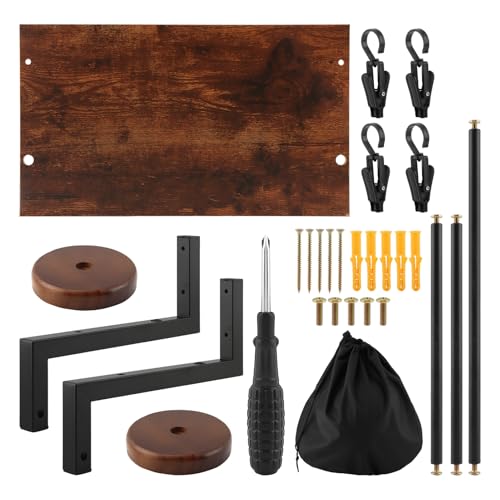 Motorcycle Helmet Holder Wall Mount, 2 Helmet Stands with Gear Rail and 4 Detachable Clips, Wood and Metal Helmet Rack, 16.14 x 10.24 x 13.38 in, Includes Storage Bag and Hardware
