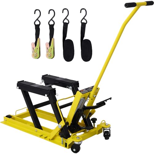 Hydraulic Motorcycle Lift Jack 1500 LBS Capacity, ATV Scissor Lift with 4 Wheels, Foot-Operated Hydraulic Hoist Stand for Motorcycles, ATVs, UTVs, Powersports, Non-Slip Rubber Stripe Platform,Yellow - color: Yellow