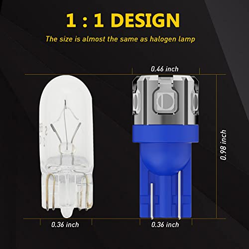 PHINLION 194 LED Light Bulb Blue Super Bright 168 2825 W5W T10 Wedge 6-SMD 3030 Chipsets LED Replacement Bulbs for Car Interior Map Dome Parking Door Courtesy License Plate Lights - color: Blue