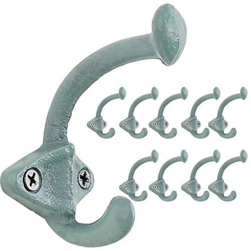 Dseap Cast Iron Wall Hooks, Heavy Duty Coat Hooks, Rustic Vintage Farmhouse Hook for Hanging Winter Coats Jackets Towels Hats Bags Plants, Mint Green, Pack of 10 (ShldCast) - color: Mint Green, size: L=3.25" (Pack of 10)