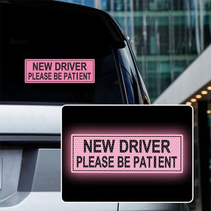 2pcs High Intensity Reflective New Driver Car Sticker Waterproof Student Driver Please Be Patient Decal for Car Window Bumper Reflective Night Safety Warning Decal (Pink) - color: Pink