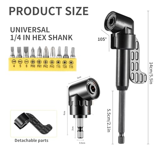 17Pcs Right Angle Drill Attachment & Flexible Bit Extension Set for Tight Spaces, 105° Adapter Long & Short, Bendable Shaft, 1/4 3/8 1/2 Socket Adapters, L Wrench & Bits for Cabinets, Auto Repair