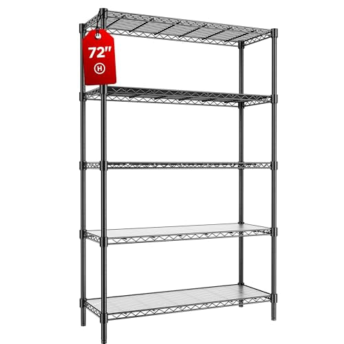 45" W Storage Shelves 5 Tier Wire Shelving, Adjustable Metal Shelving Unit with Shelf Liners, 1875LBS Heavy Duty Storage Rack for Garage Pantry Kitchen Commercial, 45" W x 16" D x 72" H, Black - size: 45" W x 16" D x 72" H-5 Tier
