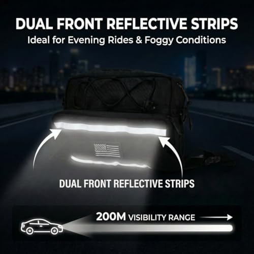 Riverruns Reflective Motorcycle Handlebar Bag Dual Strips Quick Access - 2.5L Universal Tool Pouch, Bright Orange Lining, Glasses Pocket, Multi-Mount Cruiser Front Fork Sissy Bar Convertible