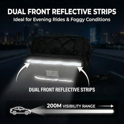 Riverruns Reflective Motorcycle Handlebar Bag Dual Strips Quick Access - 2.5L Universal Tool Pouch, Bright Orange Lining, Glasses Pocket, Multi-Mount Cruiser Front Fork Sissy Bar Convertible