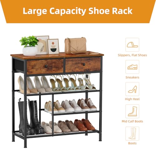 Snughome Shoe Rack for Entryway, 4 Tier Shoe Organizer with 2 Non-Woven Drawers, Shoe Storage Shelves with Sturdy Wooden Top and Metal Shelves, Shoe Stand for Closet - size: 4 Tier (29.53"H)