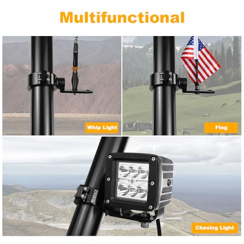 Whip Light Mount, Aluminium 360° Rotating Adjustable Heavy Duty UTV Whip Flag Light Mounting Bracket for 1.25"-1.5" Roll Bar Cage