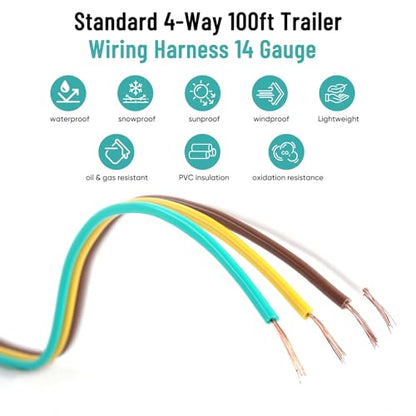 Trailer Wiring Harness 100FT 14 Gauge Trailer Tow Harness Bonded Spool, CCA 4 Way Colour-Coded Trailer Wiring Kit, Waterproof Boat Trailer Wire (Green, Yellow, Brown, White)