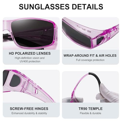 Wzerry Sunglasses Fit Over Glasses Polarized for Men Women, Wrap-Around Glasses UV400 Protection for Driving and Outdoor - color: Black/Grey + Transparent Blue/Grey + Transparent Purple/Grey
